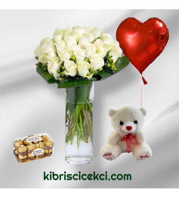 Vazoda 29 Beyaz Gül Ayıcık 16'lı Ferrero Çikolata Kalp Helyum Balon Vazoda 29 Beyaz Gül Ayıcık 16'lı Ferrero Çikolata Kalp Helyum Balon